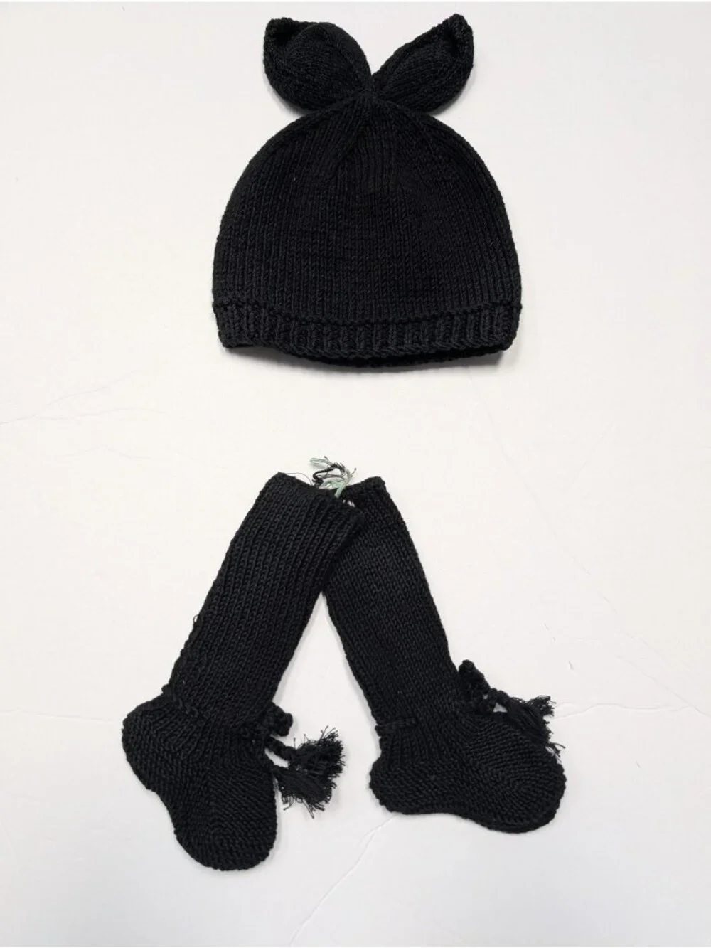 Kate Quinn Organic Cotton WLFA Black Bunny Ear Hat & Tall Booties Sweater Knit